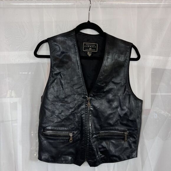 Vintage Compagnie Express black leather biker vest Small moto style grunge edgy - Picture 3 of 6